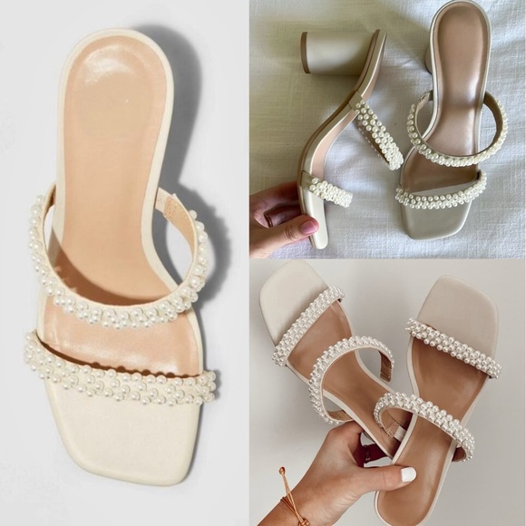 Shoes - Ivory white & tan pearl embellished beaded strappy open toe heeled sandals heels